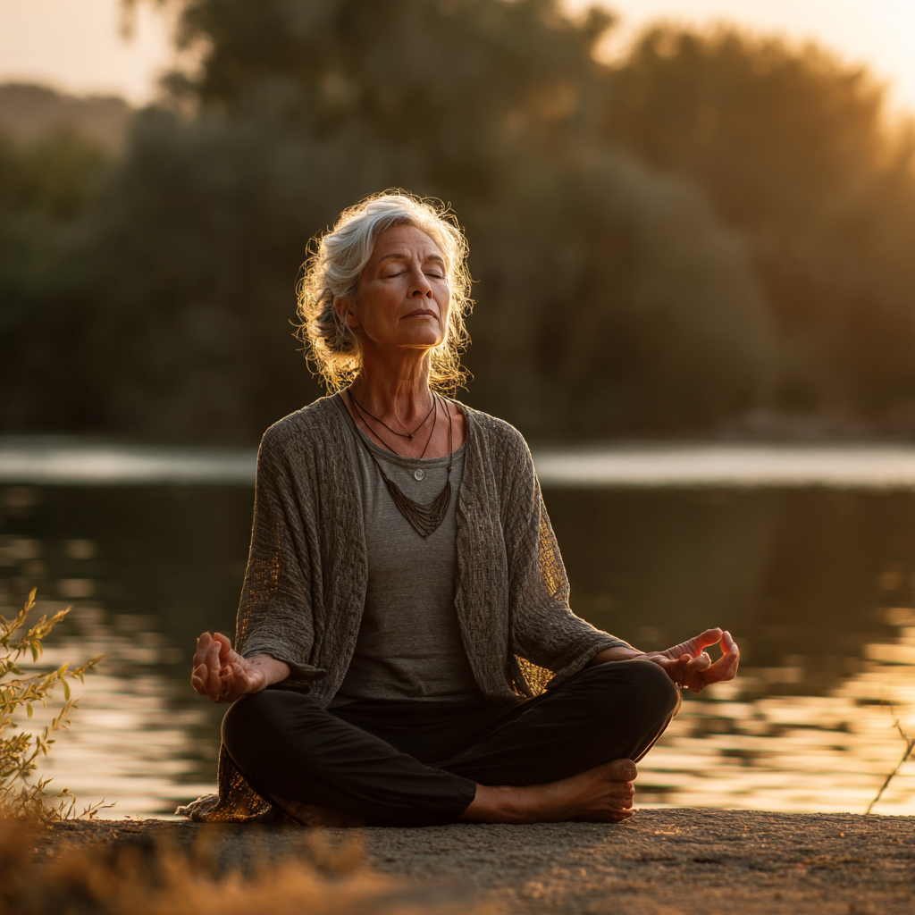 Smiling elderly European woman practicing gentle yoga poses on a mat in a peaceful studio setting
