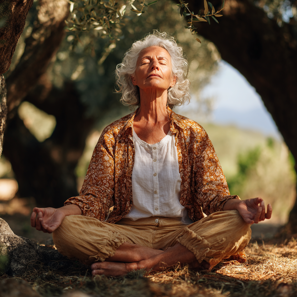 Happy elderly European man doing seated yoga stretches at a desk in an office environment